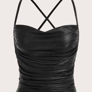 Draped Front Crisscross Backless PU Leather Cami Top