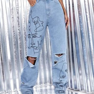 Face Line Art Ripped Jeans