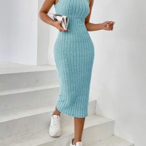 Solid Halter Neck Bodycon Dress