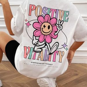 Slogan & Floral Print Drop Shoulder Tee