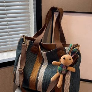 Colorblock Stripped Pattern Shoulder Tote Bag With Inner Cartoon Bag Charm