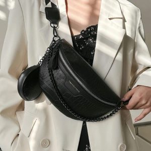Crocodile Embossed Chain Decor Waist Bag With Coin Purse