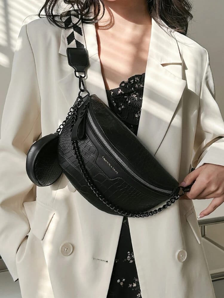 Crocodile Embossed Chain Decor Waist Bag With Coin Purse