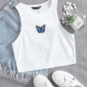 Butterfly Embroidery Rib Knit Crop Tank Top