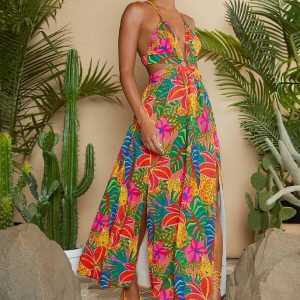 Tropical Print Crisscross Tie Backless Split Thigh Cami Dress