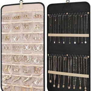 TWO in ONE Hanging Jewelry Organizer Storage Roll With Hanger Metal Hooks Double-Sided Jewelry Holder For